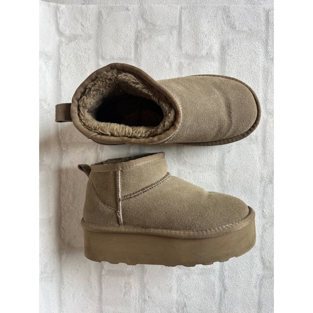 Womens Platform Mini Ankle Boots Faux Fur Lined Suede Tan Taupe Size 37